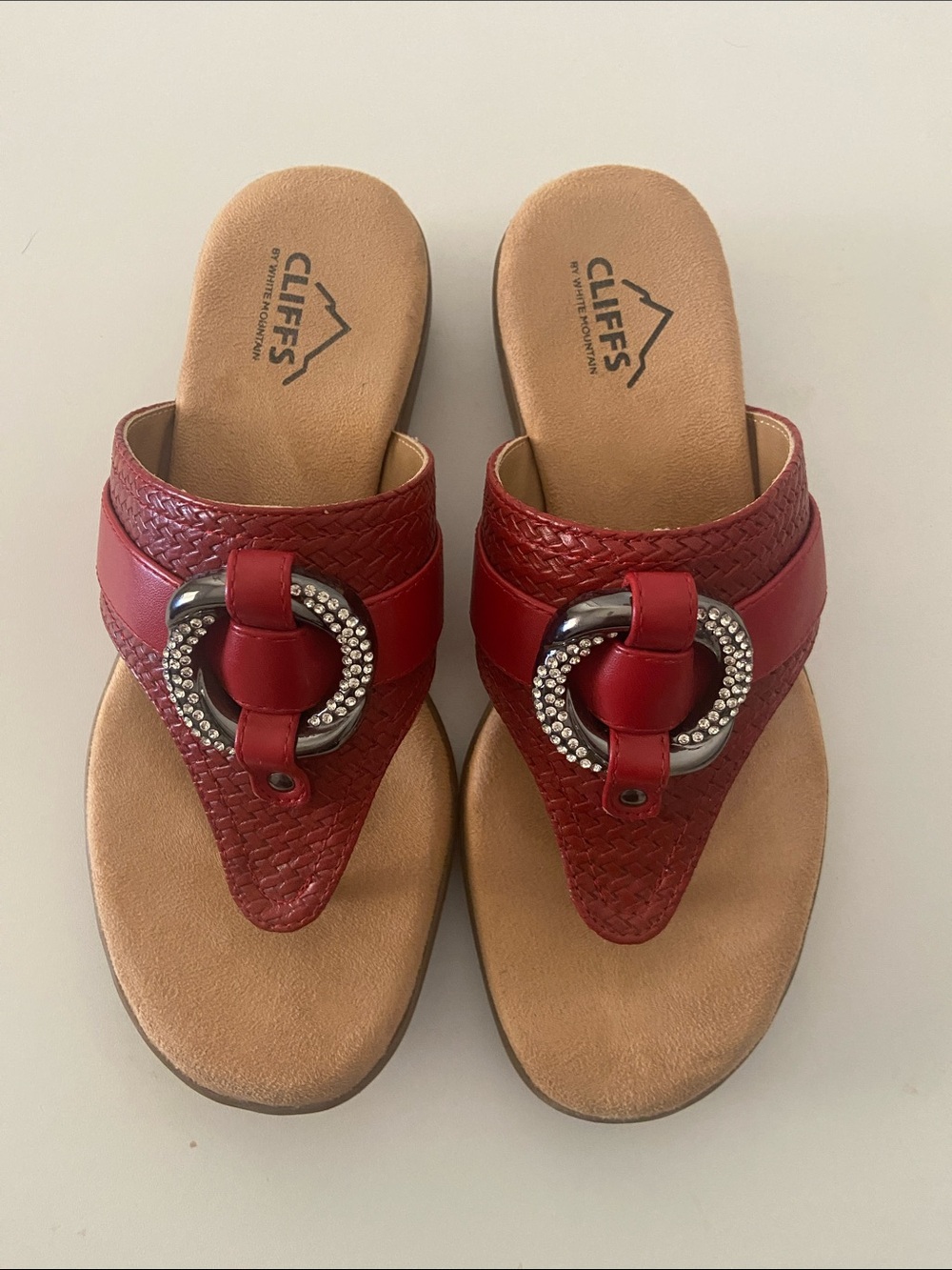 Cliffs by WHITE MOUNTAIN Red Woven Thong Sandals with Rhinestone Ring